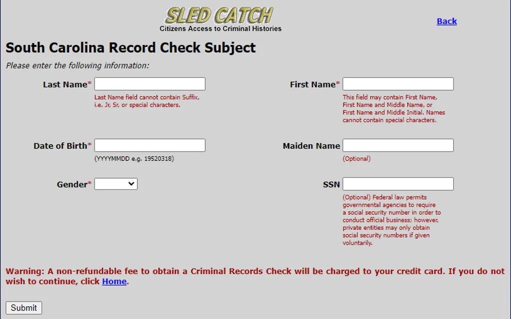 South Carolina free record check online form requiring name, date of birth, gender, and social security number (optional).