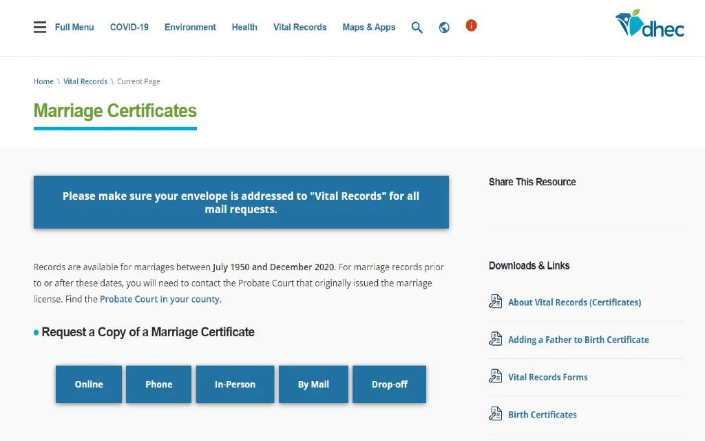 A screenshot showing free South Carolina marriage records can be obtained through the DHEC in South Carolina. 