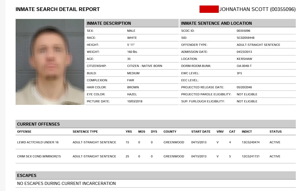 A screenshot of an inmate's information from the South Carolina Department of Corrections where the user can use the search tool by providing an individual's name, South Carolina Department of Corrections ID, or State Identification Number.