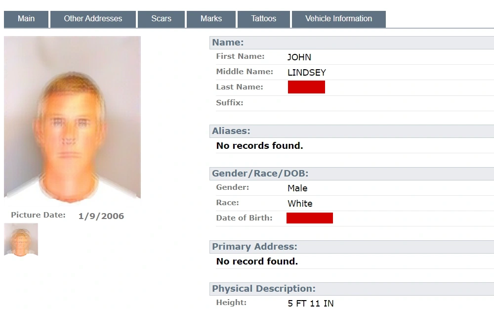 A screenshot of a sex offender's details with the following information on South Carolina’s Sex Offender Registry: name, mugshot, aliases, gender, race, etc.