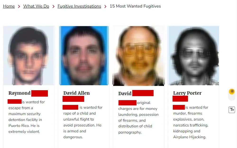 A screenshot of the list where the user can access information on the fifteen most wanted fugitives for the DOJ.