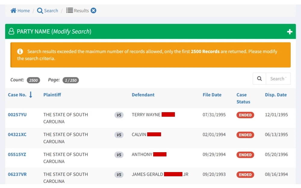 A court case records search results page with a warning that the search exceeded the maximum record limit, displaying only the first 2500 entries, with columns for case number, plaintiff, defendant, file date, case status, and disposition date, advising the user to refine their search criteria for more specific results.