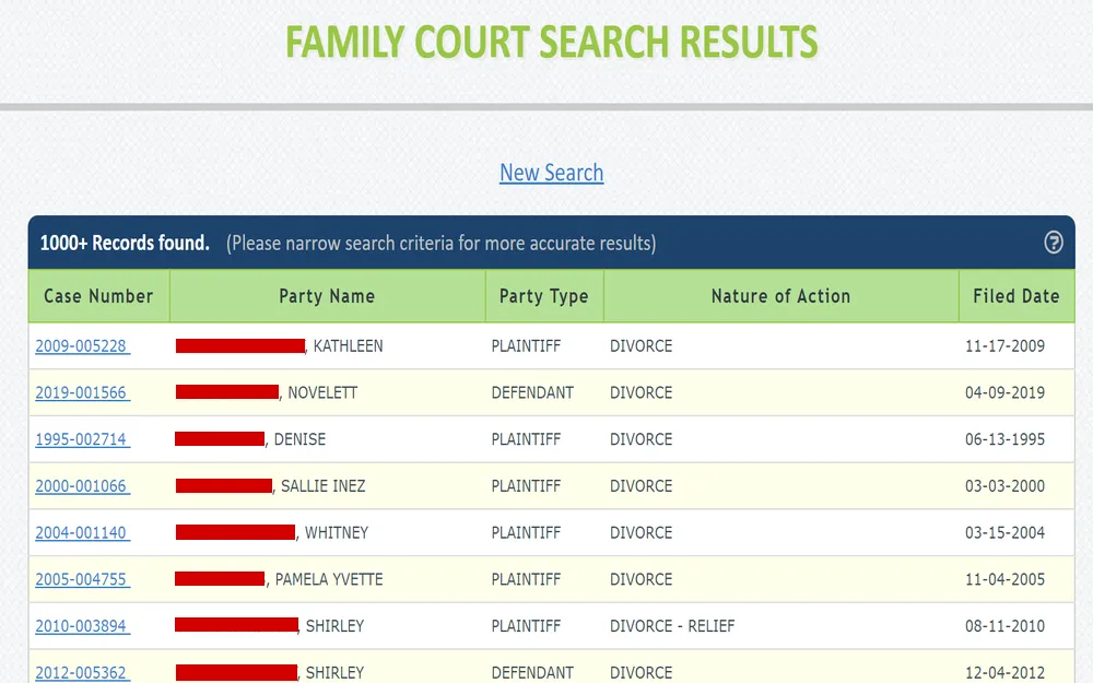 A lists over a thousand family court cases, advising to refine the search for more precise results, with a table that includes case numbers, party names, roles, nature of action explicitly noted, and the dates filed.