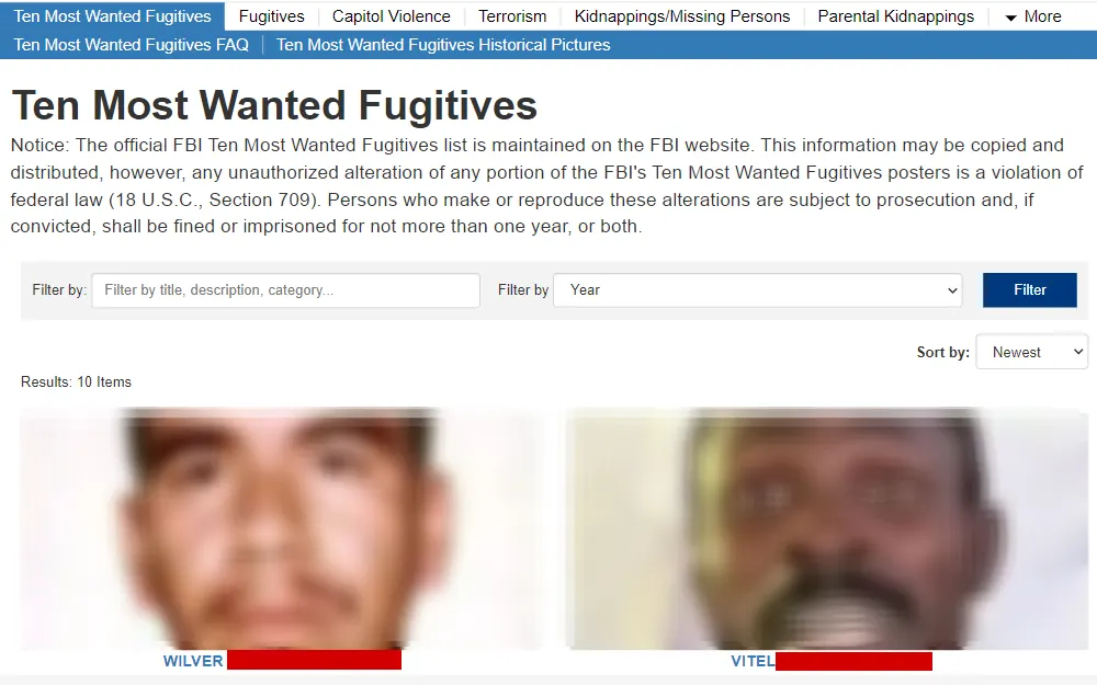 A screenshot of the list that provides citizens with access to the FBI’s ten most wanted individuals.