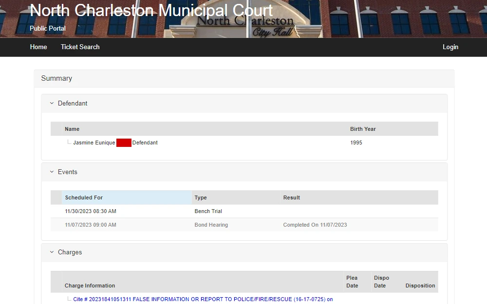 A screenshot of the search tool to access warrant information in North Charleston.