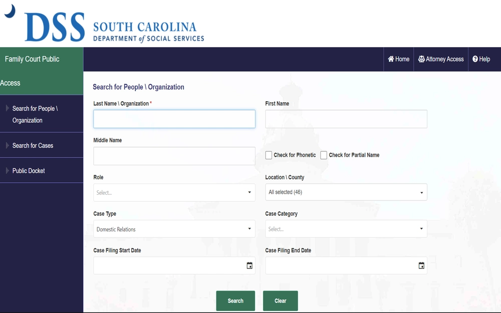 An online database interface for family court records, offering a search function that requires a last name or organization name, with options for phonetic and partial name checks, and filters for case type, notably 'Domestic Relations', to refine the retrieval of case information, advising users to input additional details such as the first name and county or relevant dates to ensure results are under the display limit.