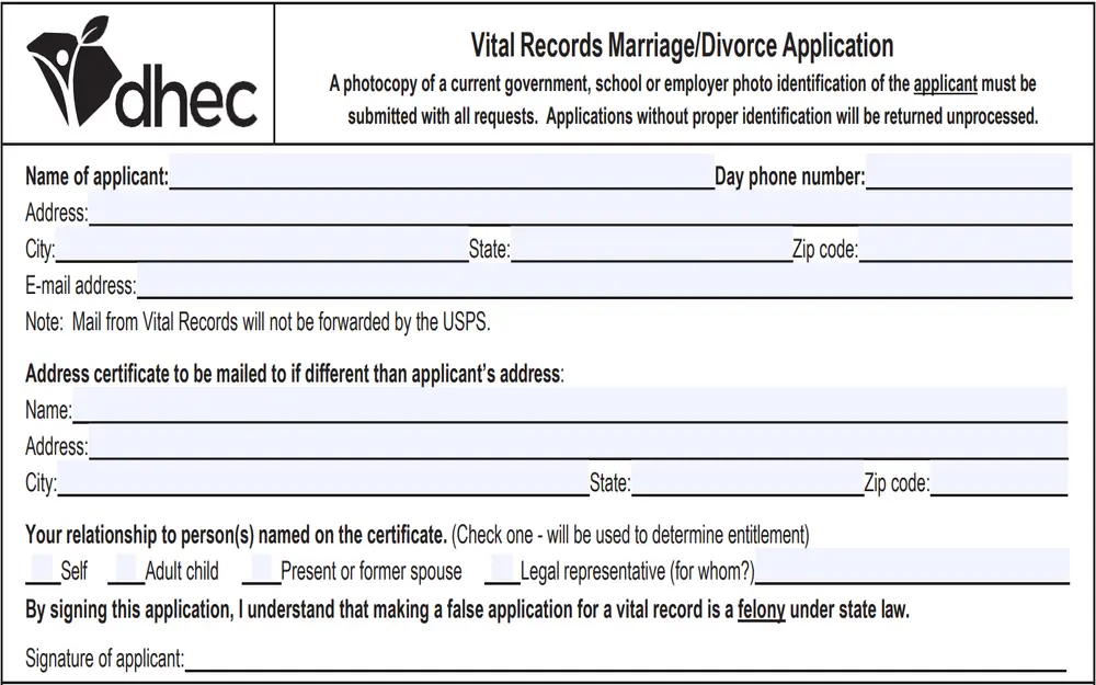 An application form from a health and environmental control department for requesting vital marriage or divorce records, requiring the applicant's detailed contact information, identification of the relationship to the person(s) on the certificate, and a mandatory notice that fraudulent applications are subject to legal penalties.