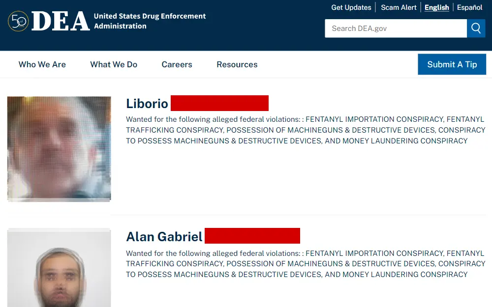 A screenshot of the list where the user can view offenders that the DEA has determined are their top fugitives for drug-related crimes.