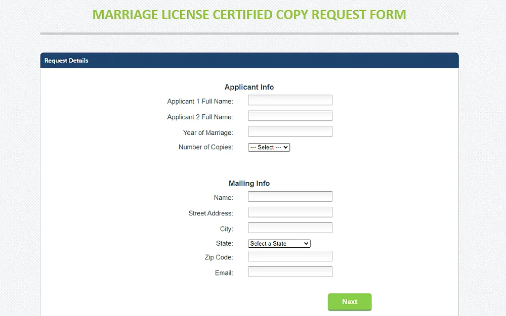 A screenshot displaying a marriage license certified copy request form requiring request details and applicant information such as full name, years of marriage, number of copies, name, street address, city, state, and others.
