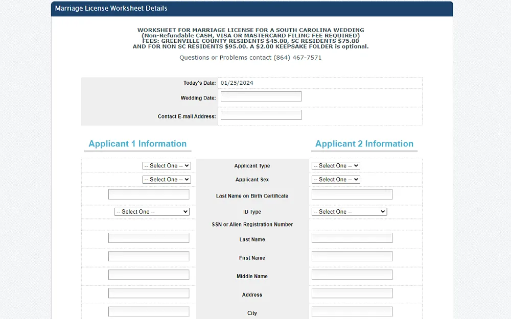 A screenshot showing a marriage license worksheet details requiring information such as wedding date, contact email address, applicant type and sex, last name on birth certificate, ID type, SSN, and others.