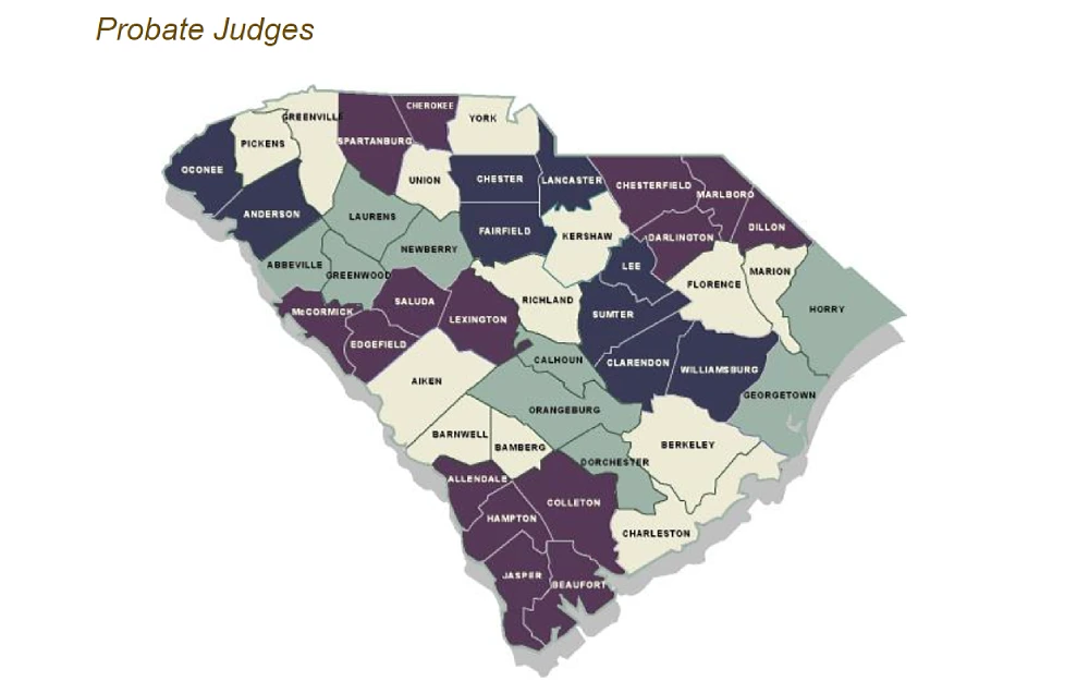 A screenshot displaying a probate judges visualization map showing names of the locations colored differently from the South Carolina Judicial Branch website.