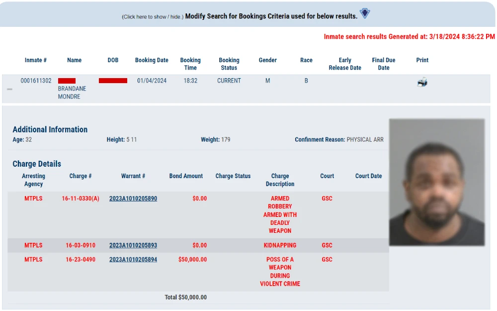 A screenshot from the Charleston County Sheriff's Office detailing a mugshot, personal details like age, height, and weight, and specific charge details such as charge numbers, warrant numbers, bond amounts, and descriptions of the charges.