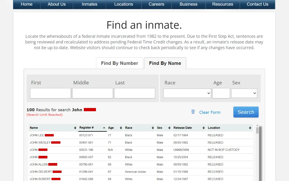 A screenshot from the Federal Bureau of Prisons detailing first and last names, register number, age, race, sex, release date, and location.