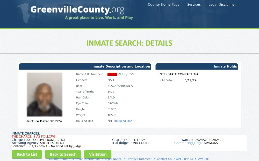 A screenshot from Greenville County detailing a mugshot, ID number, personal characteristics like gender, race, and physical attributes, as well as their charge information, holding details, and judicial data.
