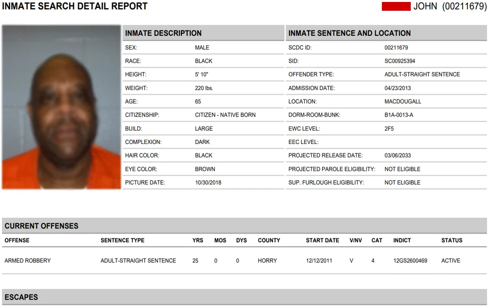 A screenshot from the South Carolina Department of Corrections detailing a mugshot, personal description, sentence information, and offense details, including sentence type, duration, and identification numbers.
