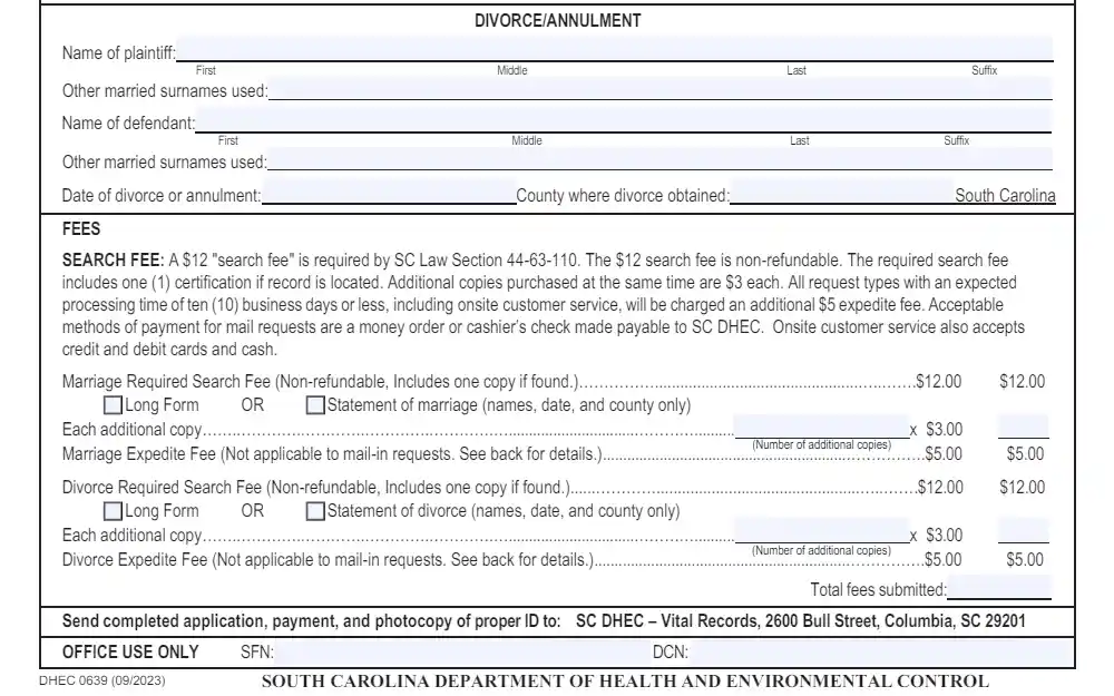 A screenshot from South Carolina Department of Health and Environmental Control displays a section of the divorce application form, including the names of plaintiff and defendant, date of divorce, and county of divorce, followed by the searching fees.