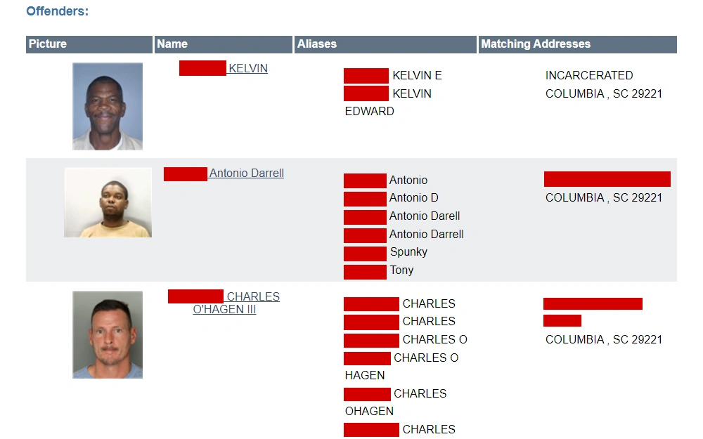 A screenshot from the South Carolina State Law Enforcement Division displays a table of results for the offender search containing the following: mugshots, names, aliases, and addresses.