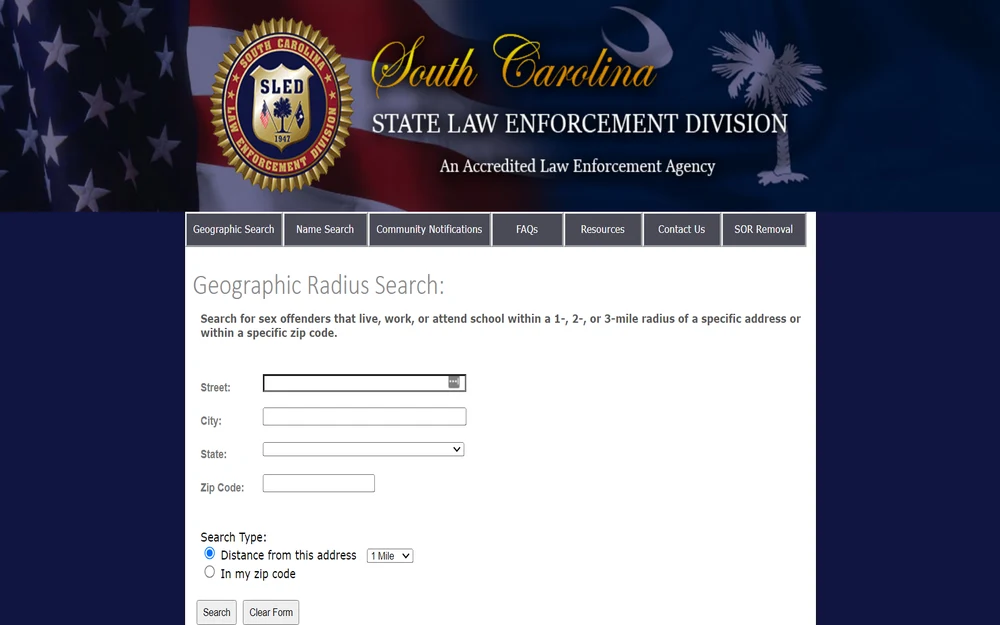 A screenshot from the South Carolina State Law Enforcement Division featuring a search form to locate individuals based on geographical criteria within a defined radius with information needed such as street, city, state, and zip code.