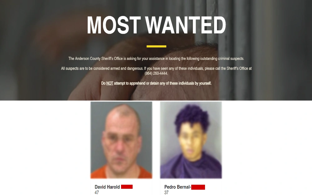A screenshot of Anderson County's most wanted list provided by SLED website.