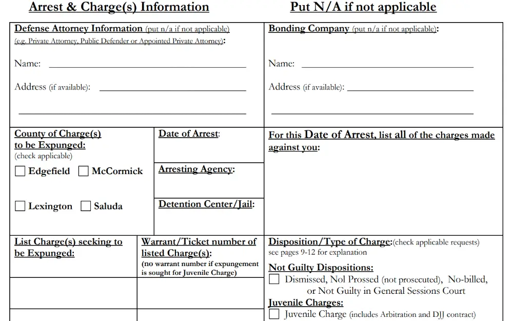 A screenshot of the expungement application form to have the court issue an order to completely remove a certain offense or arrest from your criminal record.