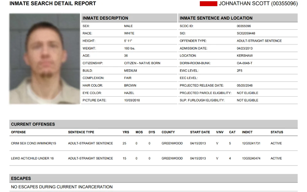 A screenshot of an inmate's information from the South Carolina Department of Corrections where the user can use the search tool by providing an individual's name, South Carolina Department of Corrections ID, or State Identification Number.